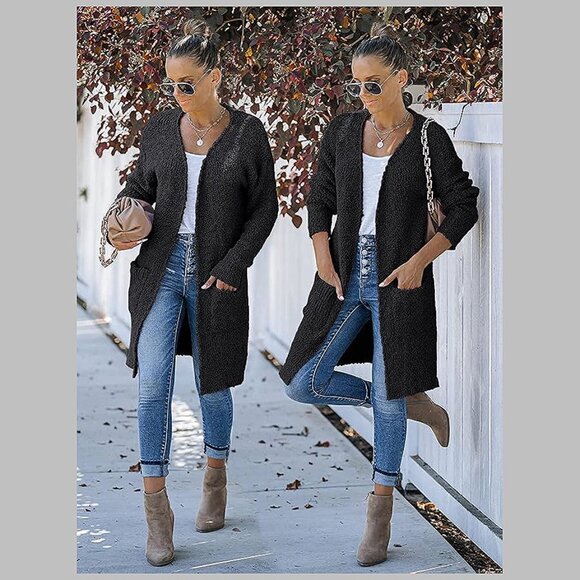 Women's Long Sleeve Soft Chunky Knit Sweater Open Front Cardigans Black - Picture 7 of 8